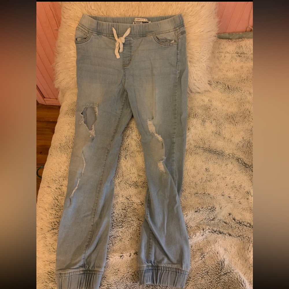 Light Blue Distressed Women's denim joggers